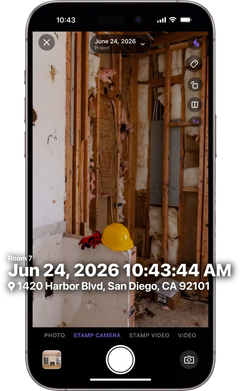 TrueTimeStamp stamp camera showing date, time, and full address burned onto a jobsite photo