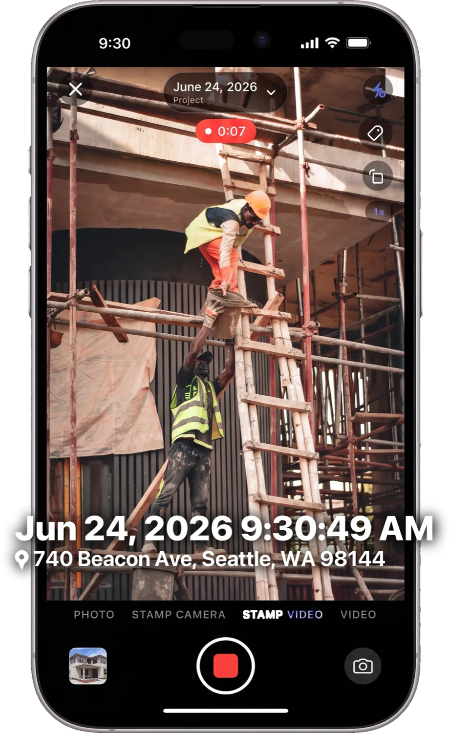 TrueTimeStamp recording a timestamped video on a construction site with live date, time, and GPS address