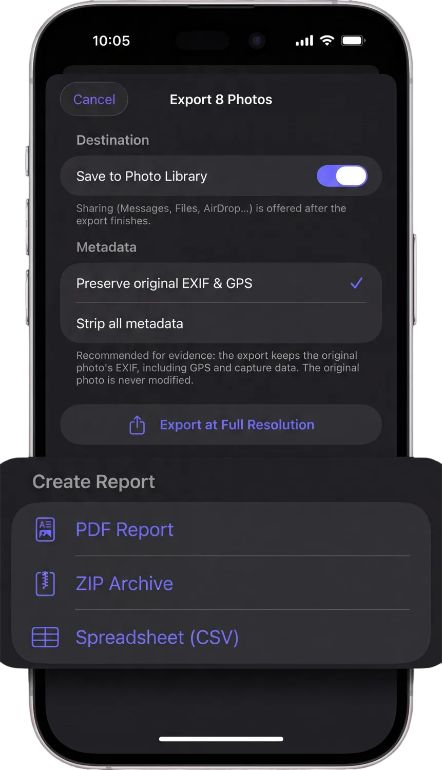 TrueTimeStamp export sheet with options to save to Photo Library, preserve EXIF and GPS, and create a PDF report, ZIP archive, or CSV spreadsheet