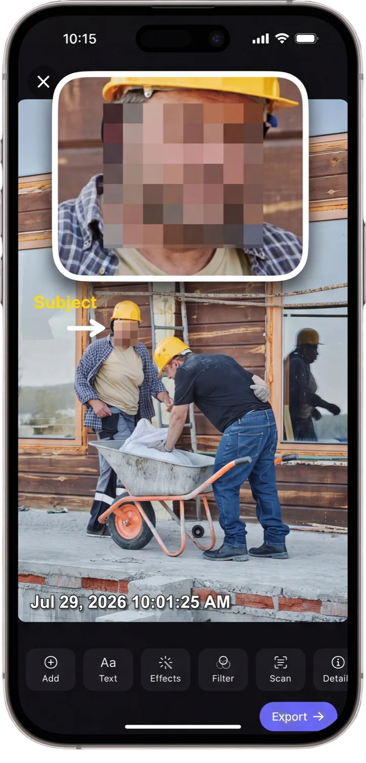 TrueTimeStamp editor blurring a subject's face and adding an arrow annotation with a magnifier loupe