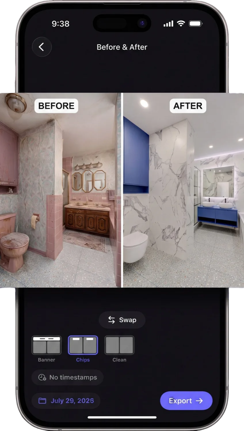 TrueTimeStamp Before and After comparison of a bathroom renovation, side by side